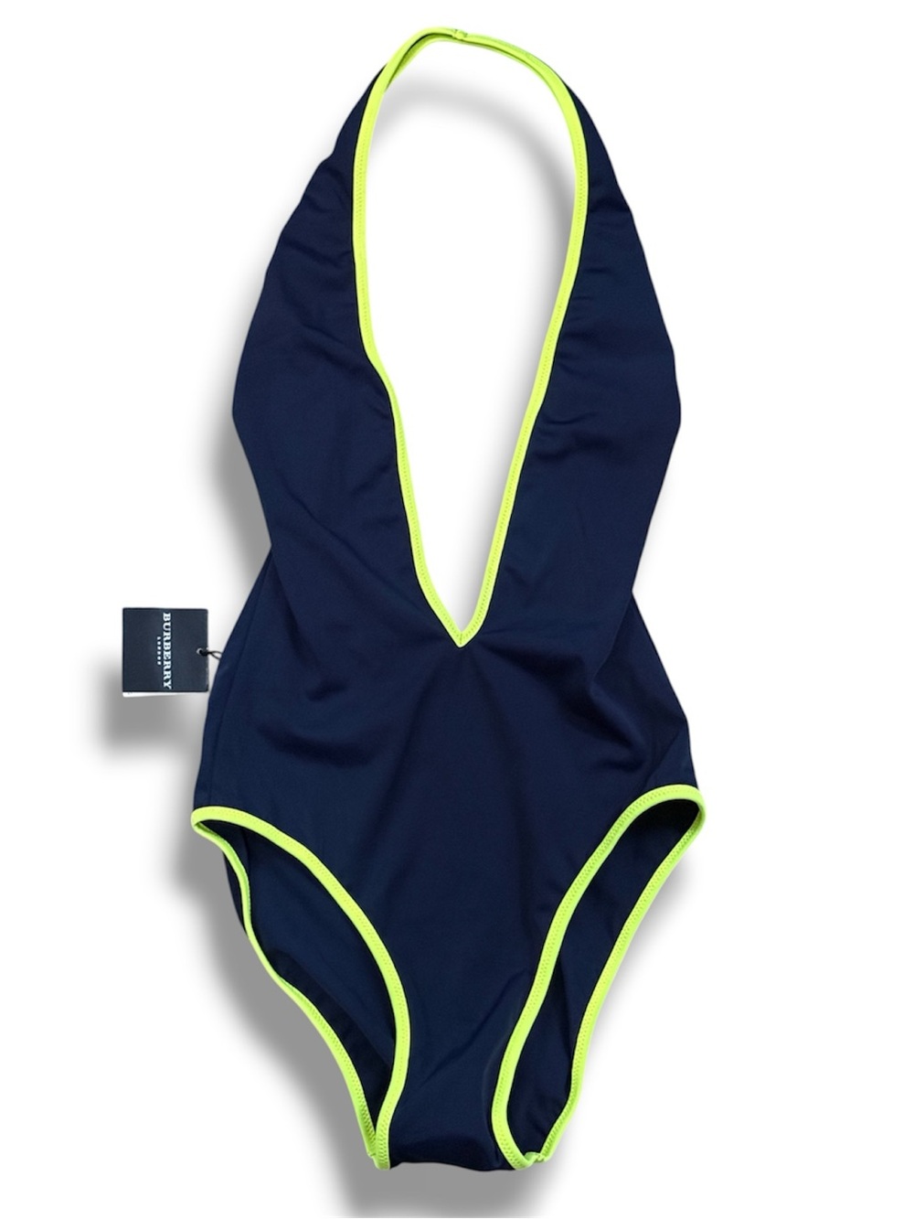 Burberry Navy One-Piece Swimsuit with Neon Lime Trim. Brand New with Tags.